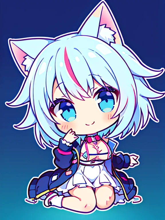 the anime character is fully dressed in very warm and sexy outfit, oversized jacket, 1girl, solo, multicolored pastel hair, blue eyes, virtual youtuber, cat ears, streaked hair, white hair, breasts, smile, short hair, expressive, body suit, neon, cyberpunk, perfect face, high res, ultrasharp, 8K, masterpiece, looking at viewer, chibi, kawaii, sitting, full body, covered nipples