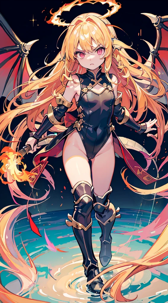 Best Quality、without background、1 little girl、Blonde long hair、Hair is on fire、Angry look、There is momentum、burning dragon horn、burning dragon wings、Leotard、gauntlets、Braided long boots