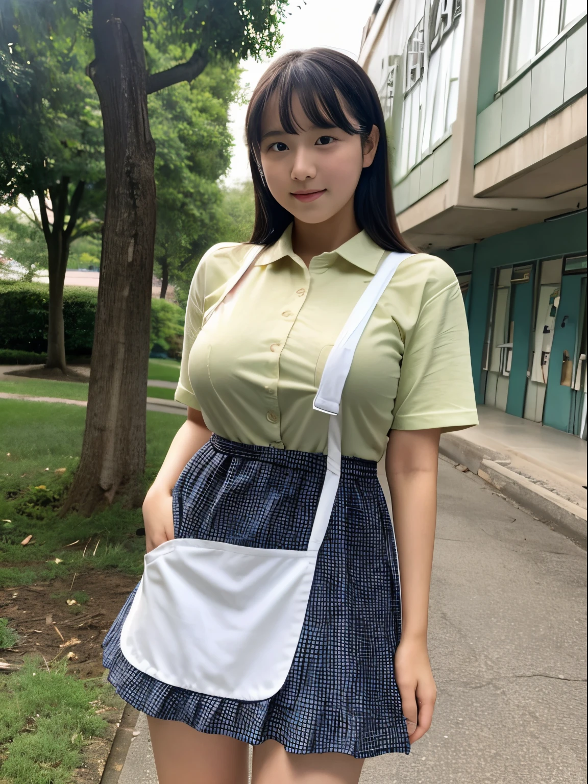 top-quality, masutepiece, High Definition, 16k image, Smartphone shooting､voyeurism､a ､Lori､About 15 years l junior high school stwearing oversized shirt､Wearing an apron:1.1､look from down､Hidden Face､huge breats､Colossal tits､Muchimuchi､thick legs､thick thight､Slender big, Plump arms､(breasts pocket)､(Rocket Tits), Constricted waist, (Looking away), Boobs that are about to overflow, (thick legs)､Confined space､‎Classroom