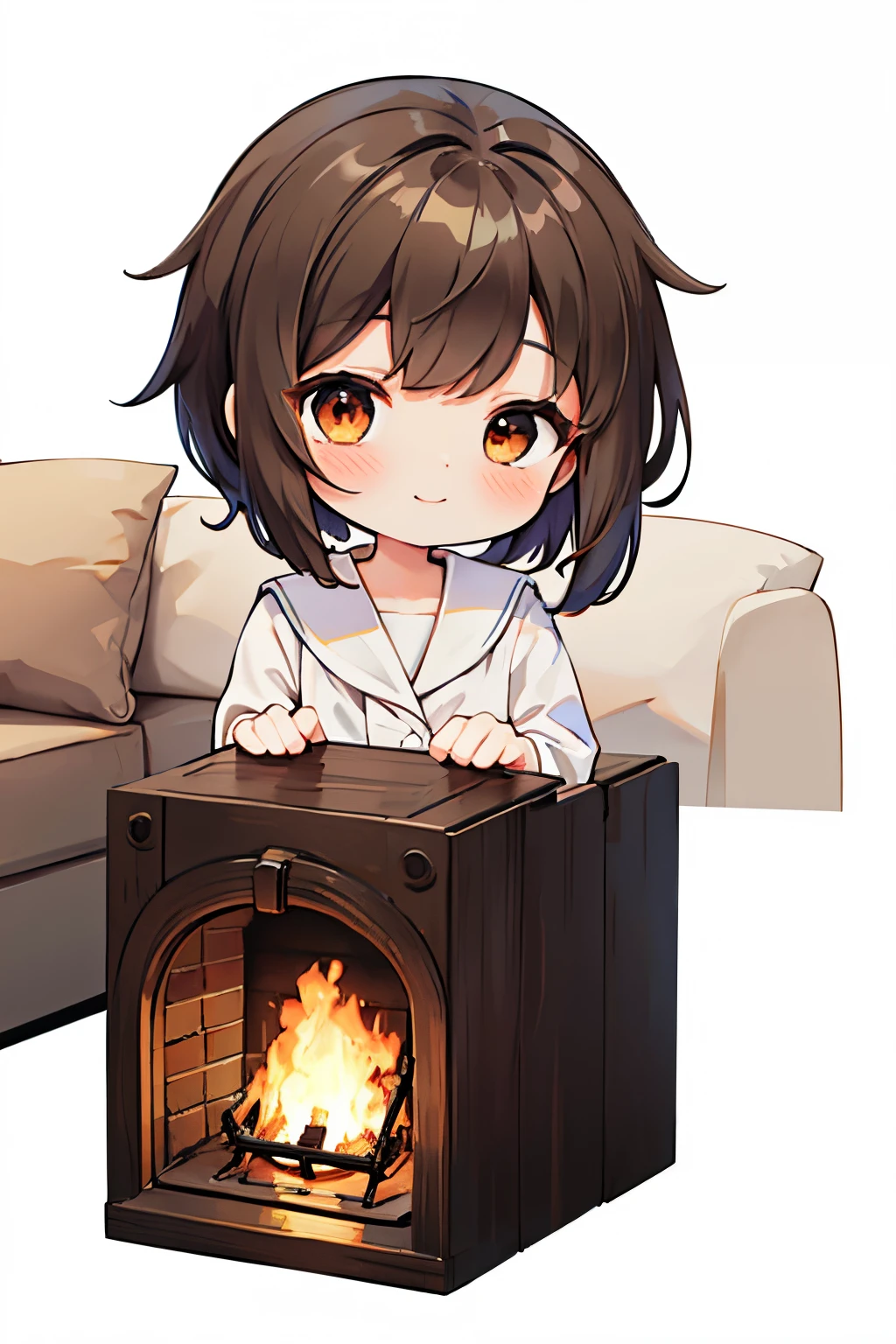 Anime girl sitting in front of a fire place with a couch - SeaArt AI