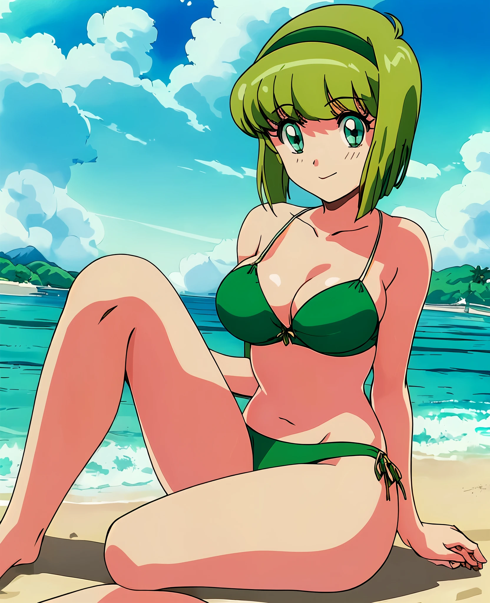 masterpiece, best quality, (1girl:1.4), solo, (Hosokawa Miki:1.4), (emerald green eyes:1.4), breasts, smile, short hair, brown hair, sitting, swimsuit, bikini, hairband, outdoors, sky, day, cloud, one-piece swimsuit, beach, covering, covering breasts, red one-piece swimsuitt