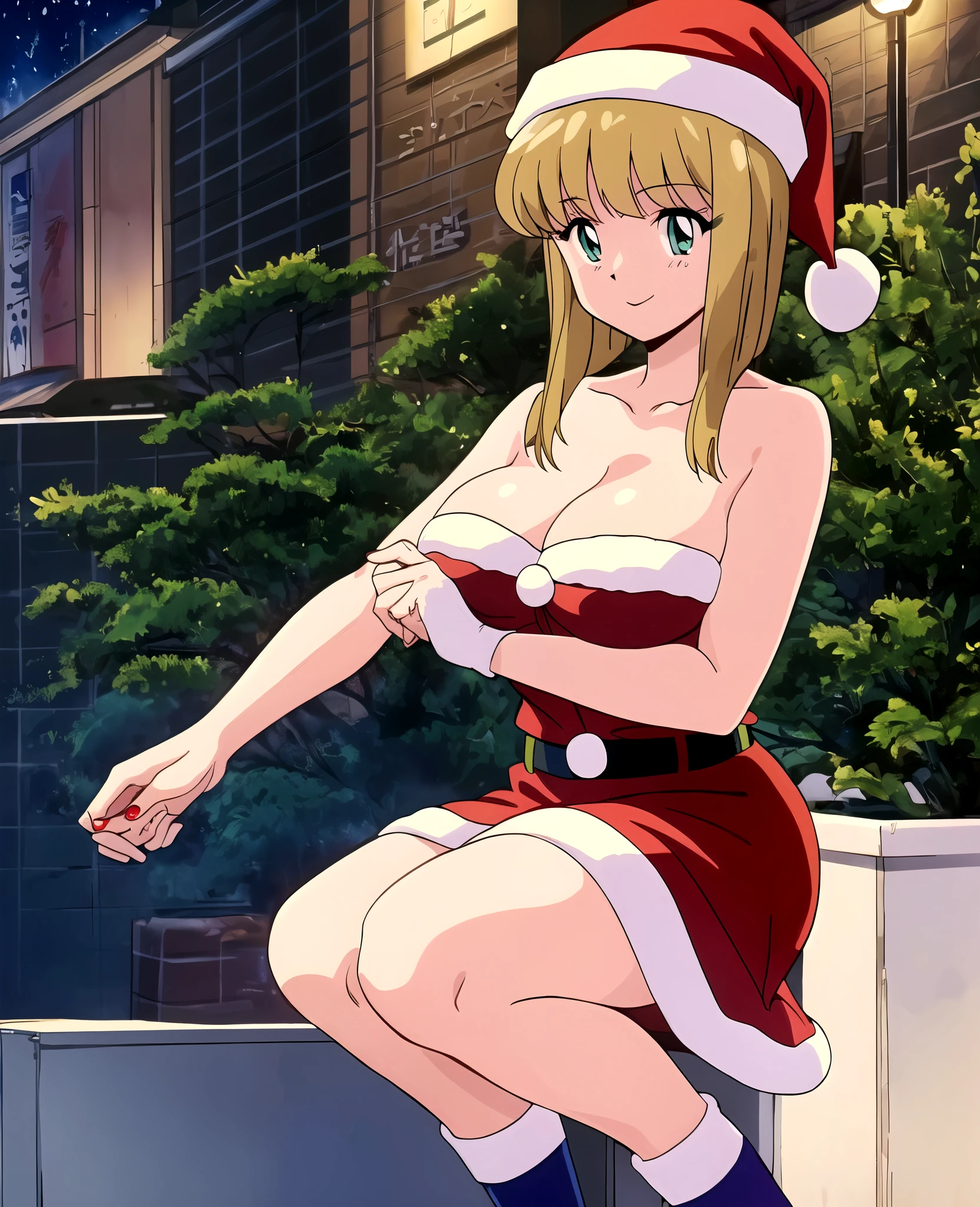 masterpiece, best quality, 1girl, solo, (Hosokawa Miki:1.4),  green eyes,short hair, blonde hair, breasts, sexy smile, woman (wearing santa_outfit:1.3),christmas tree,wearing cap, Overhead camera, sharp focus, handsome,plump legs, skinny,professional lighting,,rendered eyes,tall body,adult woman,hair ornament,instagram most viewed,official wallpaper, official art,(kpop idol), half-closed eyes,building,((photorealistic painting art by midjourney and greg rutkowski))