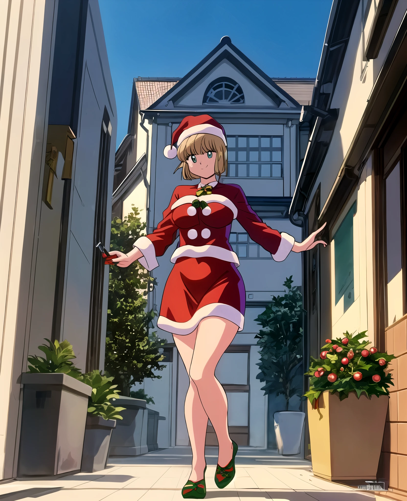 masterpiece, best quality, 1girl, solo, (Hosokawa Miki:1.4),  green eyes,short hair, blonde hair, breasts, sexy smile, woman (wearing santa_outfit:1.3),christmas tree,wearing cap, Overhead camera, sharp focus, handsome,plump legs, skinny,professional lighting,,rendered eyes,tall body,adult woman,hair ornament,instagram most viewed,official wallpaper, official art,(kpop idol), half-closed eyes,building,((photorealistic painting art by midjourney and greg rutkowski))