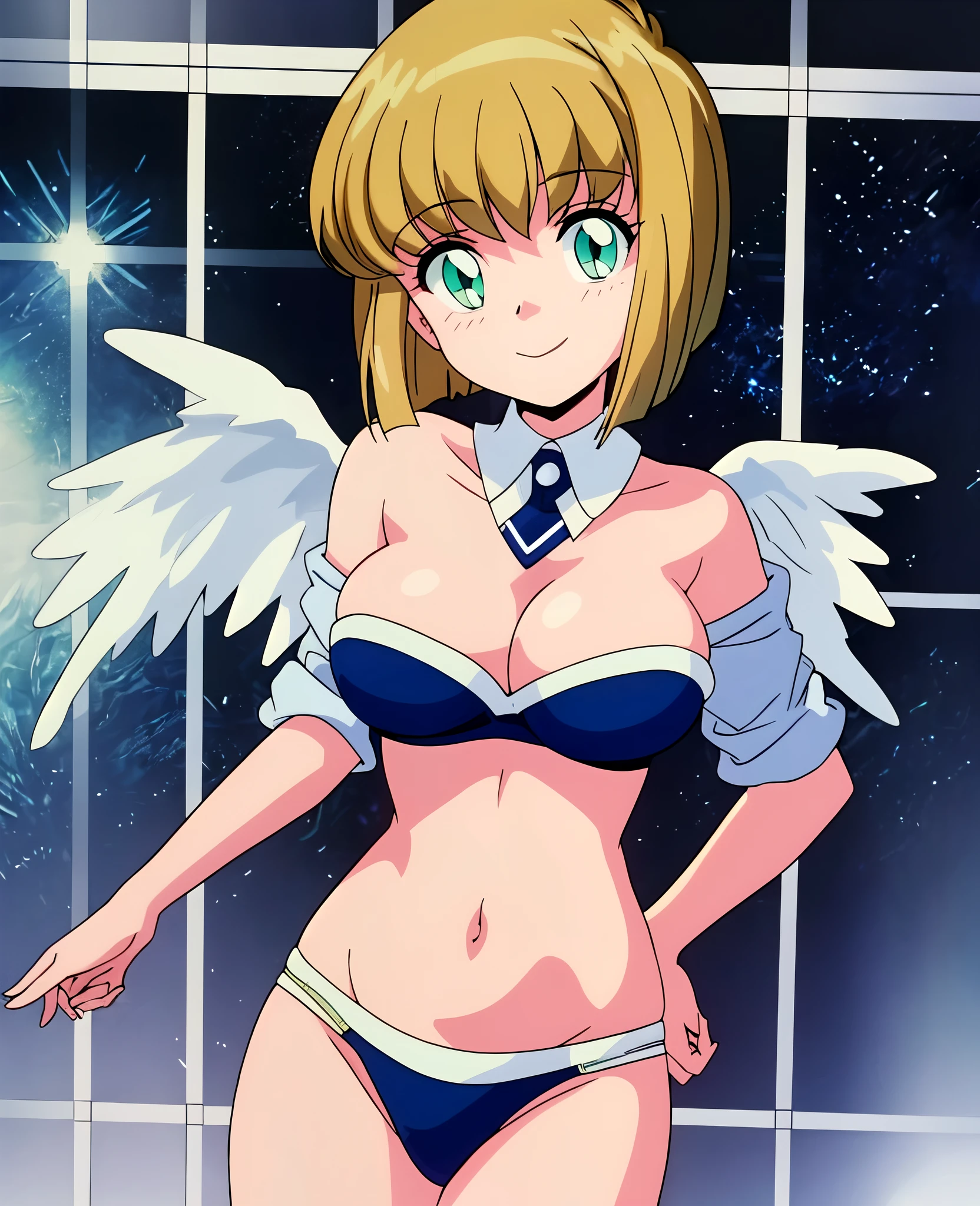 masterpiece, best quality, 1girl, solo, (Hosokawa Miki:1.4), green eyes,short hair, blonde hair, breasts, sexy smile,masterpiece, best quality, CG, wallpaper, HDR, high quality, high-definition, extremely detailed, (nepOutfit:1.2), 1girl, wings