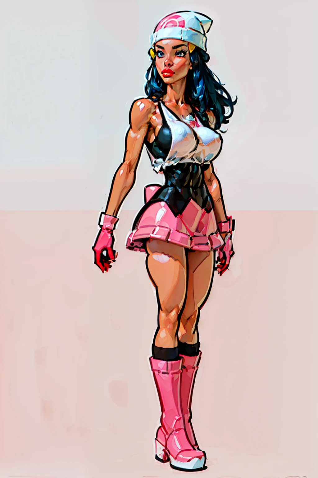 ((masterpiece)),(((best quality))),((character design sheet)), Pokémon character Hikari, (white hat) ((Dawn)), ((side body view)) mature face, (dark blue hair),((perfect eyes:1.4)), (long black sock:1.2), (pink boots:1.1), (slicked back hair), defined cheekbones, ((long hair:1.2)), high cheekbones, illustration, muscular, sexy bimbo, (gigantic breasts:1.3) dark blue hair, ((detailed face:1.4)) beautiful woman, (pink gloves:1.2), (white skin:1.4) , (red lipstick:1.4), shiny skin, scribbles and marks,(puffy lips:1.4) , (pink skirt), rough sketches, pose, 8k,16k, (simple background, white background: 1.3) ((cool color palette)), ((black top))