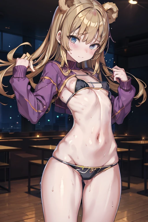 masutepiece,Best Quality,Ultra-detailed,High resolution,Unity 8k壁纸,super detailed skin,Cinematic lighting,Beautiful detailed eyes,Ideal ratio body proportions,(Small breasts:1.4), bikini of, underboob, Small bikini,((slim)), Thin, an hourglass figure, Toned, Dim lightning, Flat belly,  (wide hips), (bear a  on the hip), maikurobikini, thick thighs