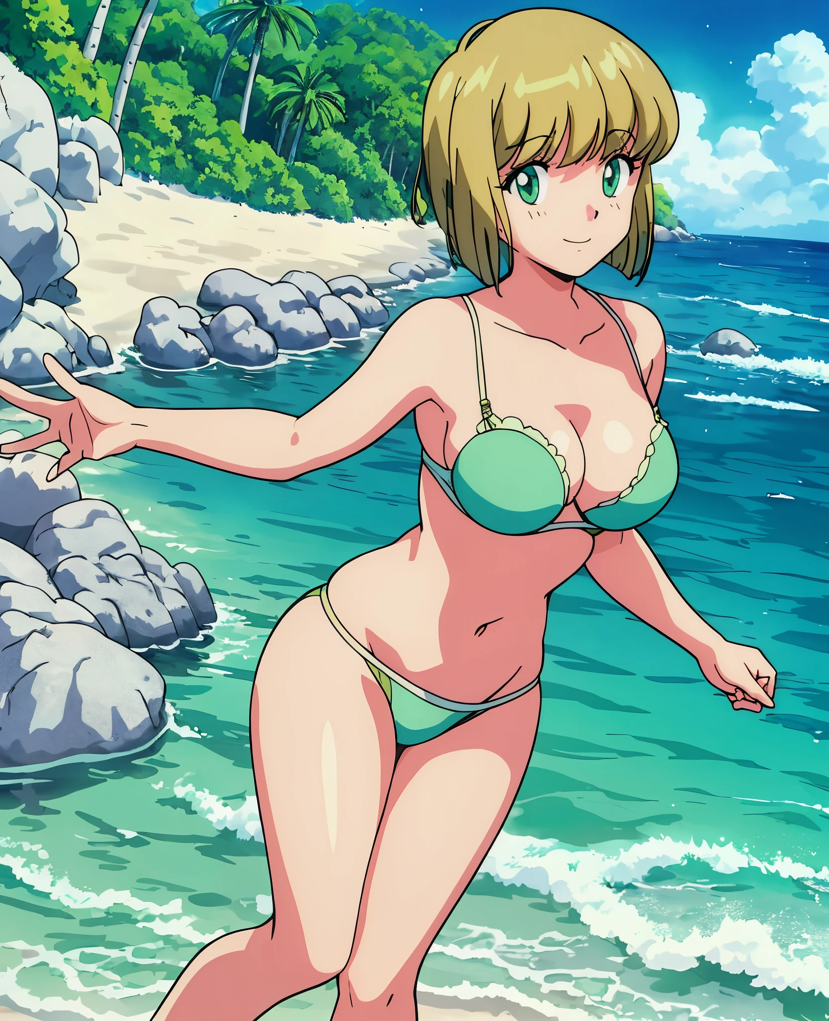 masterpiece, best quality, 1girl, solo, (Hosokawa Miki:1.4), green eyes,short hair, blonde hair, breasts, sexy smile,masterpiece, best quality,shiny,chromatic aberration abuse,pastel color,full body,
1girl, solo, smile,blonde hair,yellow eyes,twintails,
looking at viewer,mature female,
ocean,beach,trees,flowers,starry sky,rock,sunshine,(on stomach),,serikaswim,hand on hip,underboob, large breasts,