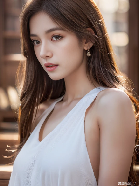 ((Realistic Light, Top Quality, 8k, Masterpiece: 1.3)), 1 Girl, Beautiful Woman with Perfect Figure: 1.4, Abs: 1.1, (Brown Hair, Big: 1.3), White Silky Dress: 1.2, Ultra Detailed Face, Detailed Eyes, Double Eyelids, Full Body, Photorealistic,