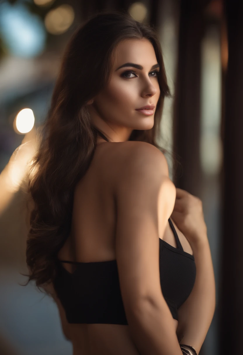 photography of a stunning girl, in the city, wearing a black top, enjoying, girl, summer, hot girl, (((very heavy bust))), brunette hair, long_hair, looks into the camera, symmetrical face, photorealistic, photography, spectacular lighting,, gorgeous, cleavage, western, (masterpice), best quality, high resolution, extremely detailed, skin with pores, blurred background, depth of field, cinematic lighting