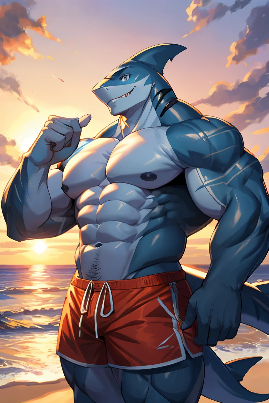 A big  strong muscular huge male blue dragon with a huge massive penis  at the beach looking at you while having his whole body wet and has his white short sleeve shirt transparent and you can see his big strong muscular abs and pecs,he is all wet,he is flexing with one arm and smiling at you while blushing,his pants is also transparent showing his huge massive penis 