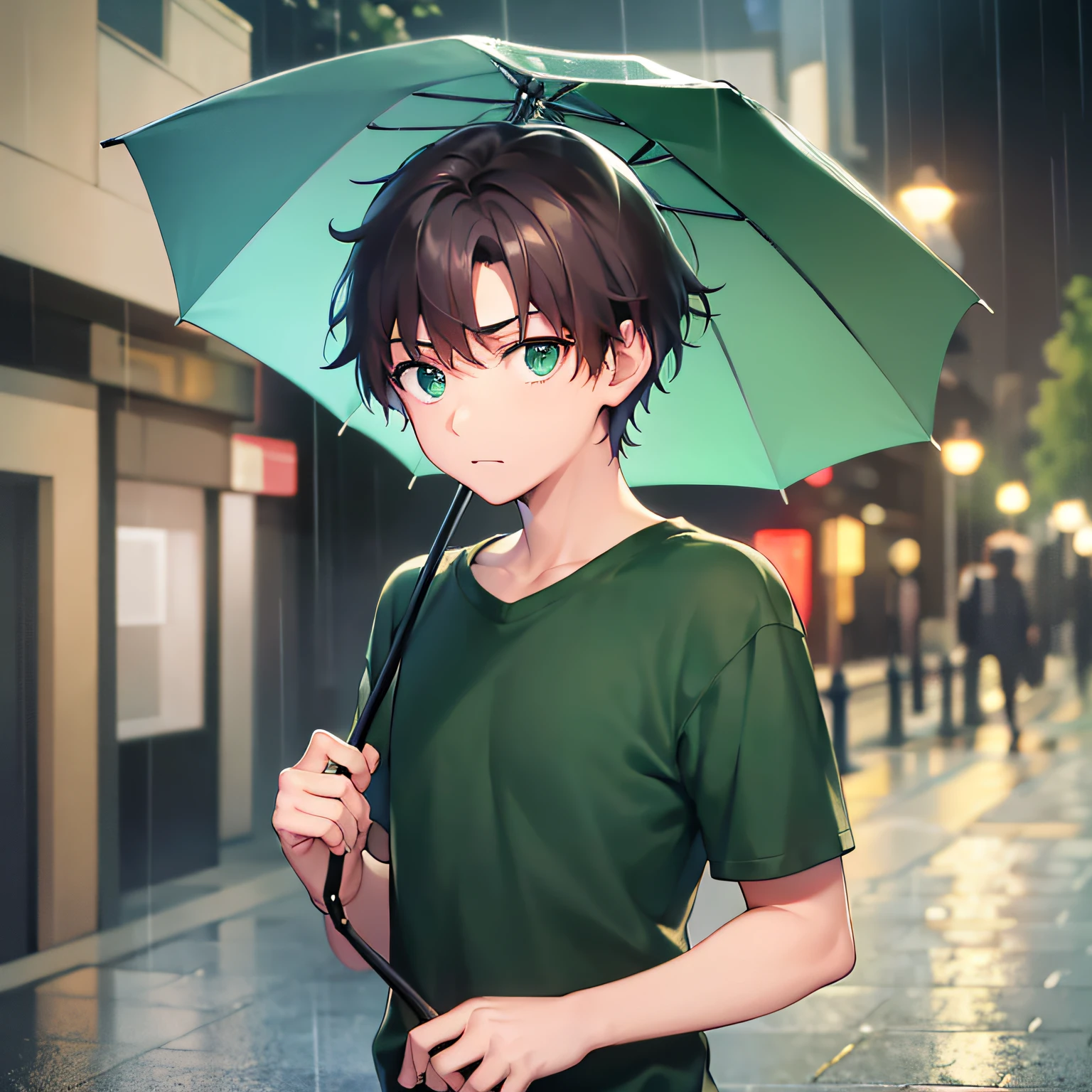 (Night:1.2), Holding an umbrella, Rain, masterpiece、hightquality、18 year old male with short brown hair and green eyes、Wearing a green t-shirt、(Alone:1.5)、(A slightly surprised look:1.1)、(Only the upper body is shown.:1.3)、Residential area at night、Walking、Bold composition、