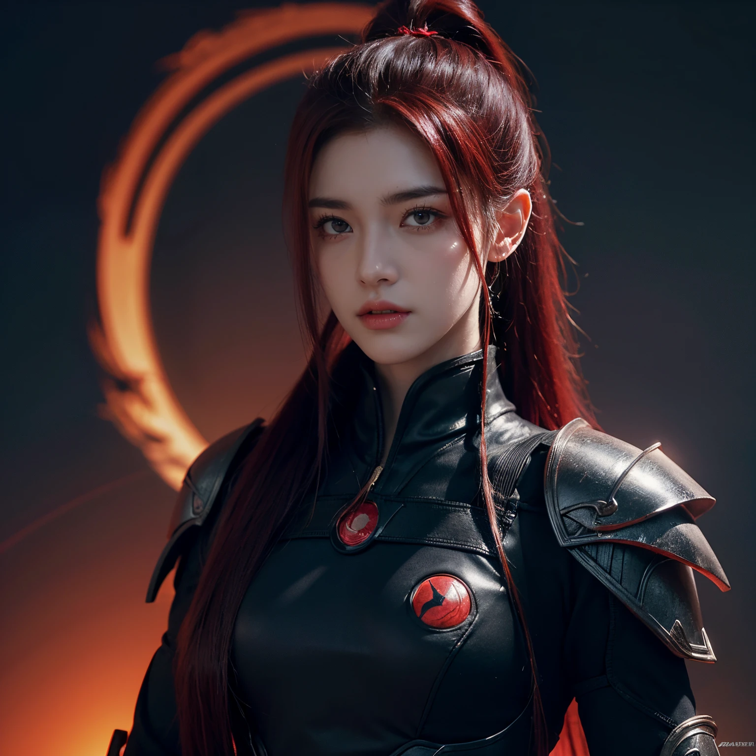 （Best quality,The is very detailed,tmasterpiece,the ultra-detailed,8K）girl,long ponytail hair,black-red hair,Bloodshot eyes,Devil's Eye,The eyes glow red,wounds,Dense cracks appear on the skin,Skin cracks,Keep your mouth shut,Cold and serious,Black combat uniform,metal knuckle armor,废墟,smog,butterflys,Dark sky background