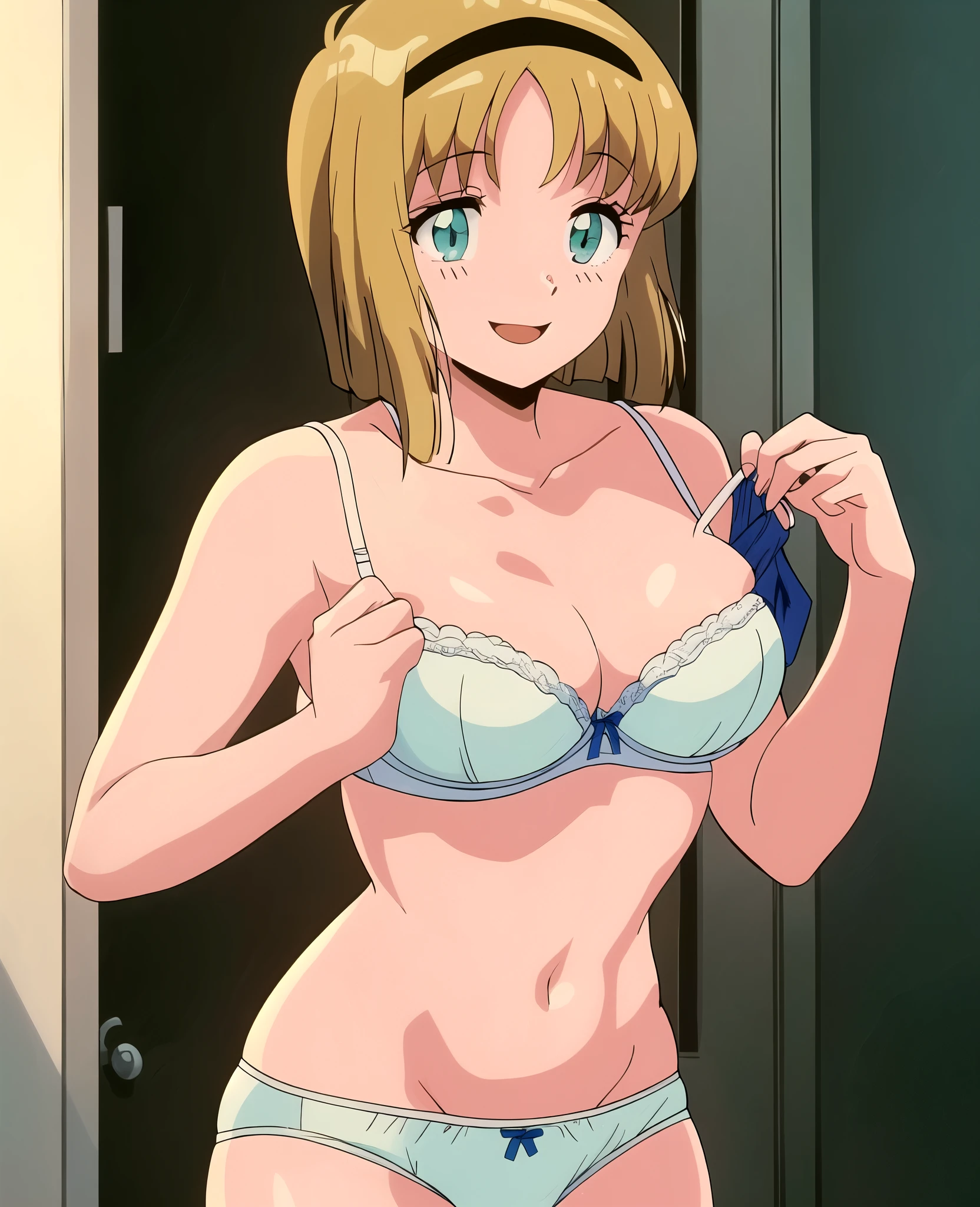 masterpiece, best quality, 1girl, solo, (Hosokawa Miki:1.4), green eyes,short hair, blonde hair, breasts, sexy smile,(masutepiece)), (8K, high_resolution), (Distinct_image),((1girl in, Solo)), (Best Quality), Solo, beautiful eyes and detailed face, (Cowboy Shot) ,((1girl in, Solo)), (Cowboy Shot), ((Short hair, Hair Band, Forehead)), (Smile, Laughing)、large full breasts、Underwear、White underwear、pantiy、Bra exposed、Naked、barechested、sexy panty、Naughty underwear、Naughty panties、Naughty bra、White bra、Sexy Bra、sexy panty、