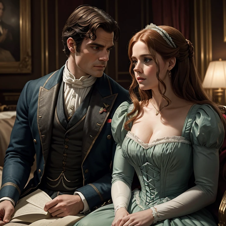 A romantic couple with their mouths joined, Amy Adams y Henry Cavill Parte superior del cuerpo, British Regency in 19th century Victorian period attire