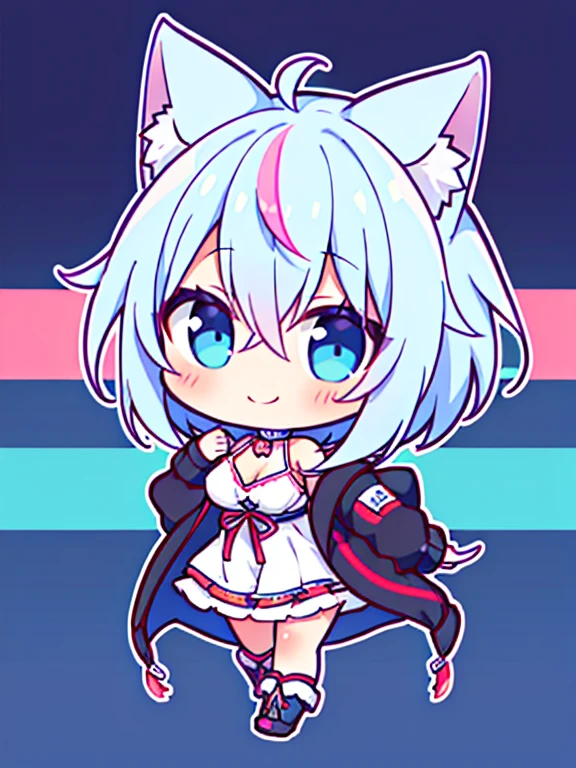 the anime character is fully dressed in very warm and sexy outfit, oversized jacket, 1girl, solo, multicolored pastel hair, blue eyes, virtual youtuber, cat ears, streaked hair, white hair, breasts, smile, short hair, expressive, black body suit, neon, cyberpunk, perfect face, high res, ultrasharp, 8K, masterpiece, looking at viewer, chibi, kawaii, full body, nipple outlines
