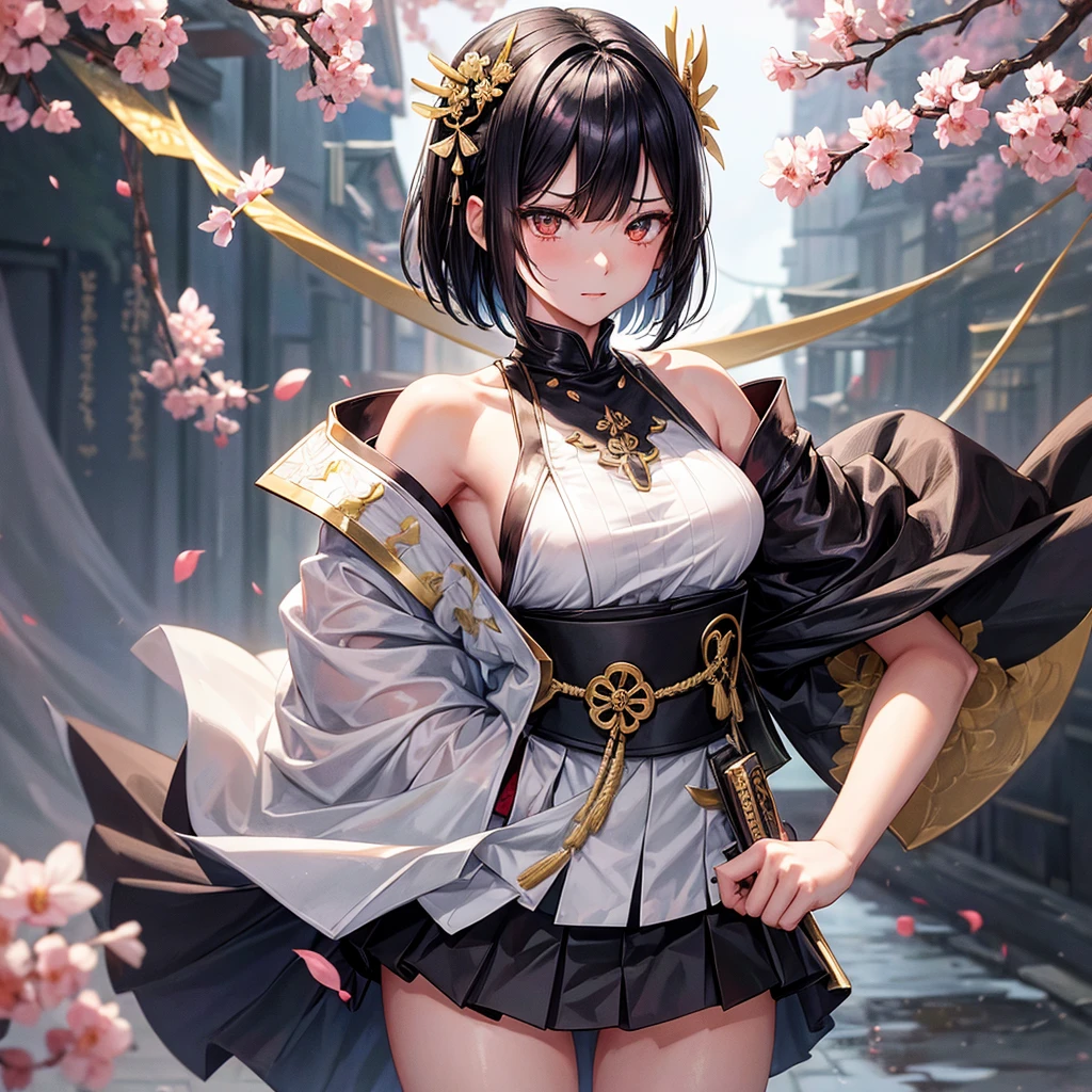 badly torn dress、Torn skirt、One lady、Destroyed old Japanese townscape、A sexy、The chest isｃcups、Kamimei、Angle looking down from above、blood pool、A detailed face、Detailed finger、Holding a sword in his right hand、Holding a gun in his left hand、Skirt Lift Up、dynamic motion、silber hair、Golden Eyes、Short bob hair、White beret、samurais、Open crotch、white and transparent mini dress、The dress has gold embroidery、Black Armor、wearing a black kimono over one&#39;s shoulders、Black knee socks、Angry look、Joyful expression、