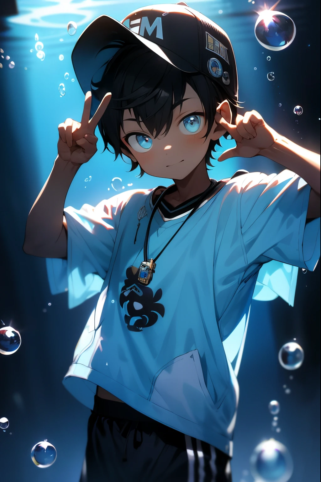 tmasterpiece, Best quality at best, eyes with brightness, A detailed eye, male people, baggy clothes, baseball cap, V sign, (tilt of the head:1.3), high saturated, Colorful, detailedbackground, perfect litthing, shadowing, aquariums, janelas, dark blue theme, airbubble