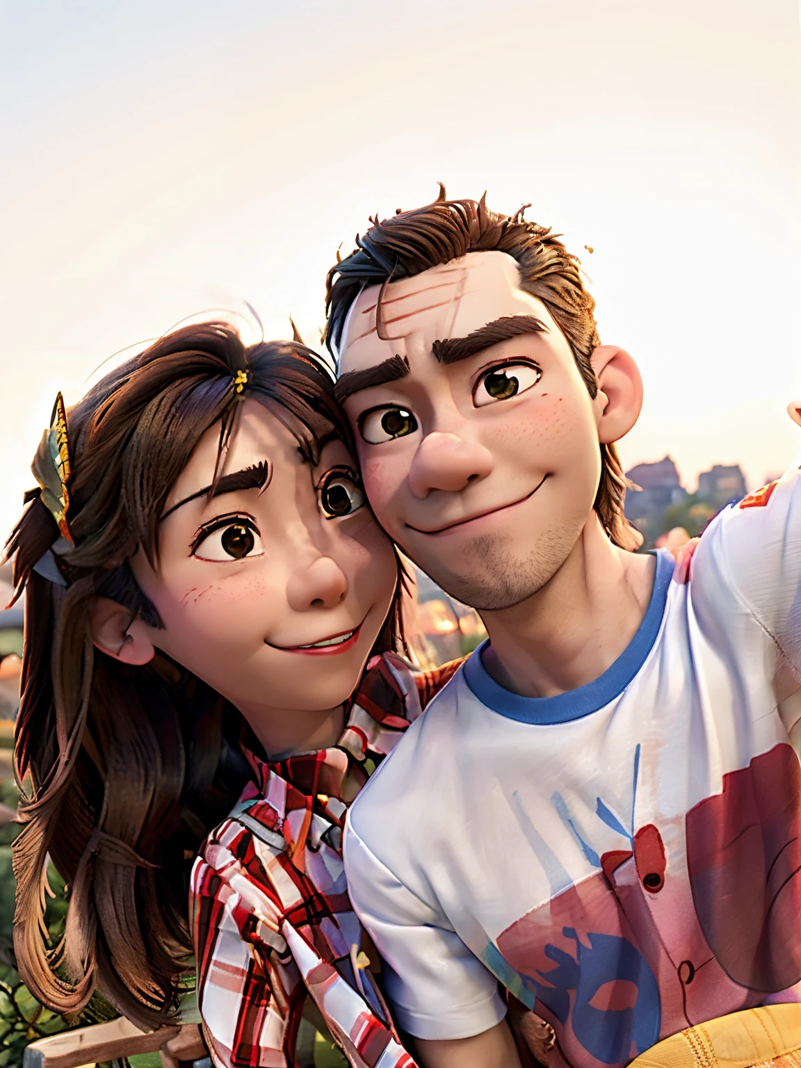 there is a man and woman posing for a picture together, couple, with her long, lovely couple, ruan jia and brom, happy couple, tyler edlin and natasha tan, couple pose, in love selfie, selfie photo, selfie shot straight on angle, picture, momma and papa, during sunset, selfie, taken at golden hour, not blurry, cute photo