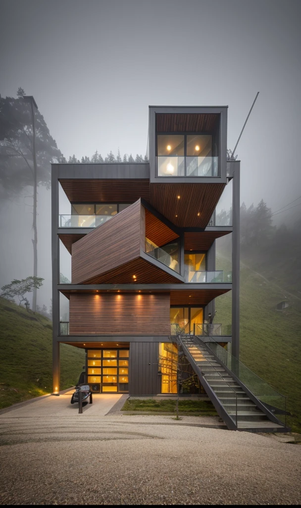 Exterior house on hill, contemporary style, masterpiece, high quality, foggy, fairy tail atmosphere, mysteristic feeling