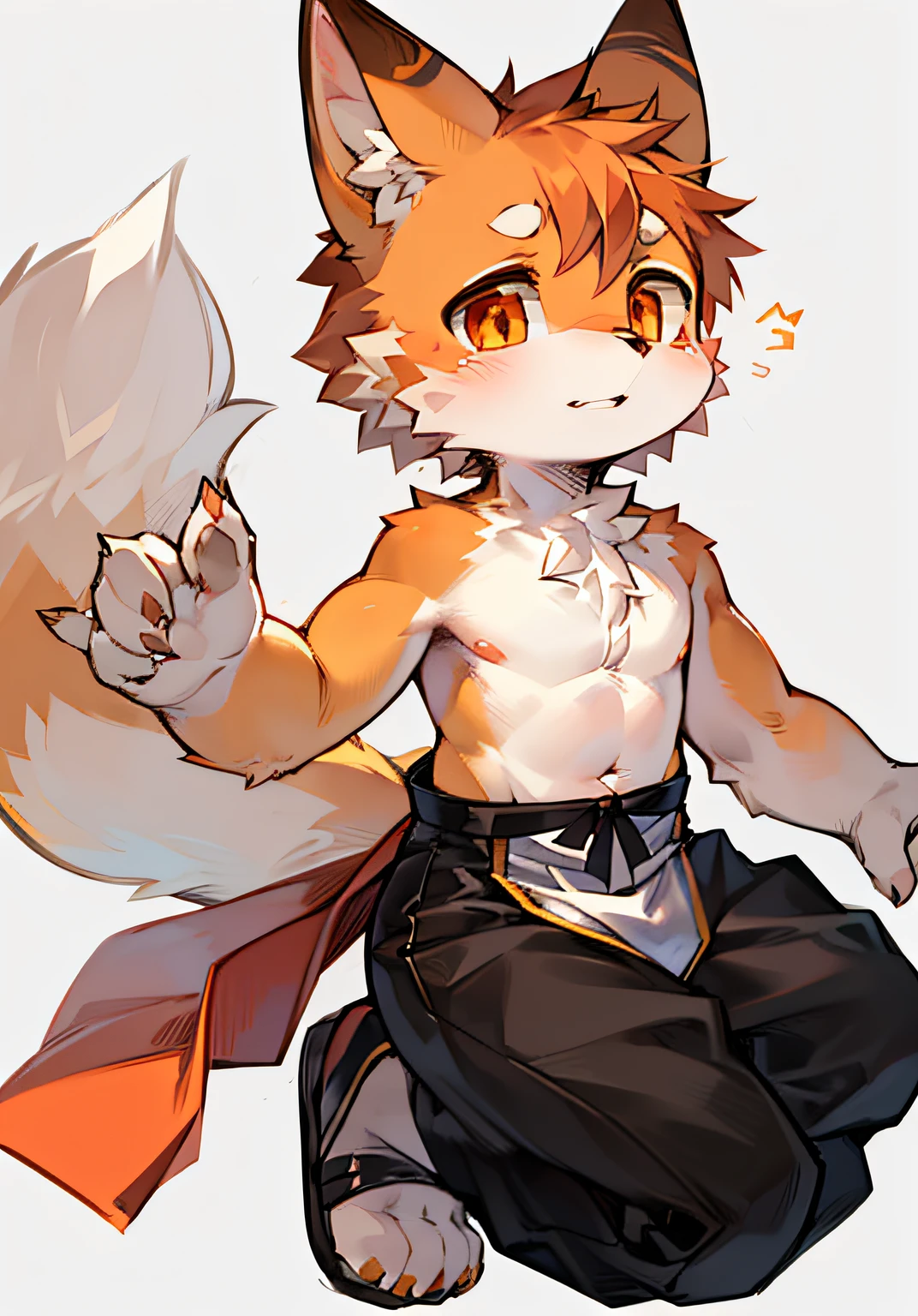 Hairy male, full body fur, a fluffy tail, white fur, bright orange fur, juvenile, cute, Japanese, shota, orange eyes