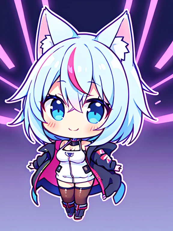 the anime character is fully dressed in very warm and sexy outfit, oversized jacket, 1girl, solo, multicolored pastel hair, blue eyes, virtual youtuber, cat ears, streaked hair, white hair, breasts, smile, short hair, expressive, black body suit, neon, cyberpunk, perfect face, high res, ultrasharp, 8K, masterpiece, looking at viewer, chibi, kawaii, full body