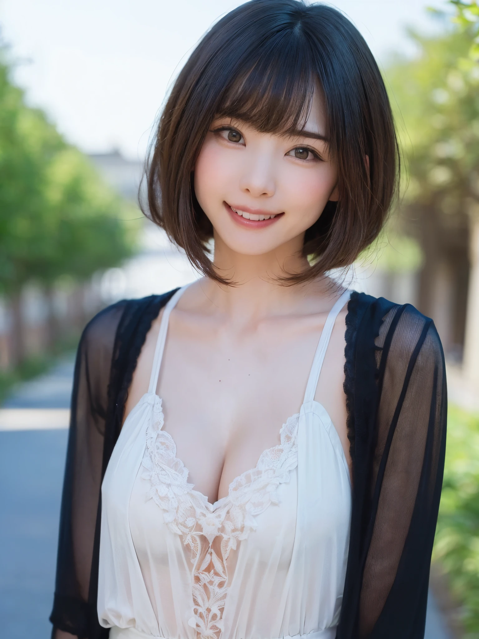 (masutepiece, top-quality、The ultra -The high-definition、Very attractive adult beauty、Add intense highlights to the eyes、Look firmly at the camera:1.4、Absolutely beautiful bangs:1.4、Brunette's short bob hair with bangs:1.4),1girl in, 独奏, A dark-haired, scarf, Hats,, realisitic, looking at the viewers, black eyes of light color, shorth hair, See-through coat, see-through winter clothes, White headscarf, s lips, lipgloss,bangss, The upper part of the body、big eye、Lashes)、((Tree-lined avenue surrounded by nature in Italy、Hyperreal Stick:1.4))、((Shorthair with bangs:1.4、Beautiful bangs with 46 points:1.4、{Gigantic|Big|Huge|Mega} breasts:1.4, cleavage:1.4、big eye、Put very strong highlights in your students、very Bigger breasts、gazing at viewer、Very beautiful beauty、Put your ears out、long neck、little smiling、Beautiful teeth、Open your mouth and smile、Beautiful see-through costume for women:1.4))、28 year old、A super cute super model full of feminine charm