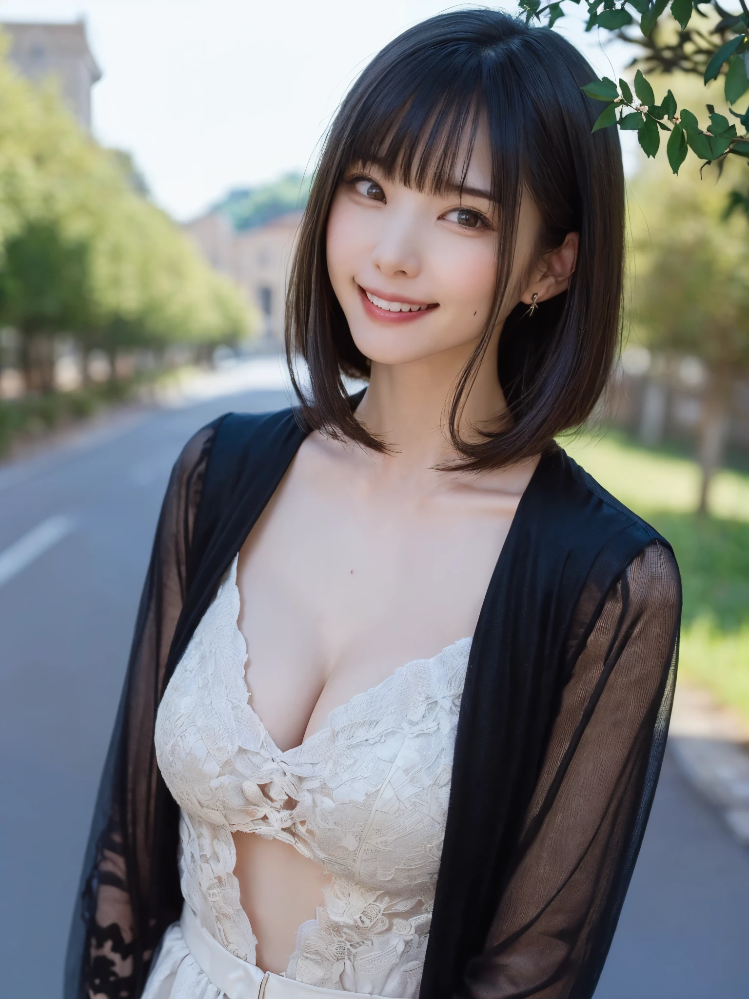 (masutepiece, top-quality、The ultra -The high-definition、Very attractive adult beauty、Add intense highlights to the eyes、Look firmly at the camera:1.4、Absolutely beautiful bangs:1.4、Brunette's short bob hair with bangs:1.4),1girl in, 独奏, A dark-haired, scarf, Hats,, realisitic, looking at the viewers, black eyes of light color, shorth hair, See-through coat, see-through winter clothes, White headscarf, s lips, lipgloss,bangss, The upper part of the body、big eye、Lashes)、((Tree-lined avenue surrounded by nature in Italy、Hyperreal Stick:1.4))、((Shorthair with bangs:1.4、Beautiful bangs with 46 points:1.4、{Gigantic|Big|Huge|Mega} breasts:1.4, cleavage:1.4、big eye、Put very strong highlights in your students、very Bigger breasts、gazing at viewer、Very beautiful beauty、Put your ears out、long neck、little smiling、Beautiful teeth、Open your mouth and smile、Beautiful see-through costume for women:1.4))、28 year old、A super cute super model full of feminine charm