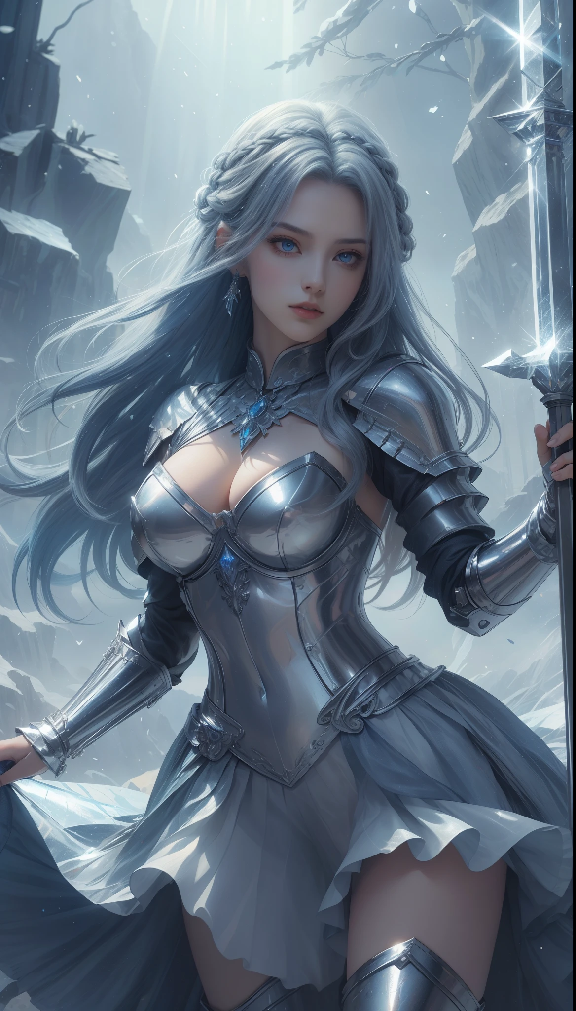tmasterpiece,Highest image quality,,Beautiful female knight full body portrait,Exquisite blue braid hairstyle,Clear eyes,The sword,armour,crystal,Ultra-detailed details,advanced。At the Pixiv Art Station,Break your own power,Luigi,Big breasts exposing cleavage,R-18G