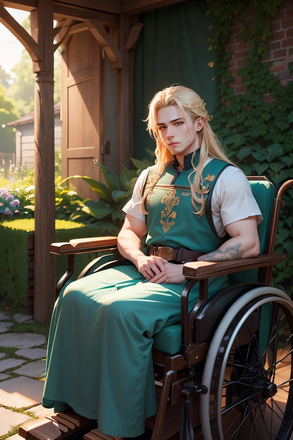 background in the garden, named is Da,1boy, (man), anime, extremely detailed, hyper detailed, (broad shoulders), (PERFECT FACE), illustration, soft lighting, 3d, detailed eyes, blonde hair, long hair, teal eyes, Sit in a wooden wheelchair, wearing is tunic,Confident face