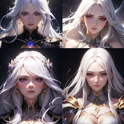 ((character sheet)), (various angles and expressions),((2 angles per sheet)), close up, bust only, close up of a woman with long hair, curly hair, (white hair), and a dress purple, Anime Girl with cosmic hair, beautiful digital art, beautiful beautiful digital art,(purple clothing) beautiful digital art, Beautiful art UHD 4K, beautiful digital art, illuminated, (atmospheric lighting), Highly detailed 4k digital art, beautiful portrait of fantasy art, beautiful fantasy art, digital fantasy art, Goddess of the galaxies, detailed skin, face details, ((platinum hair))digital art, ((character concept)) detailed in 4k, detailed beautiful face.