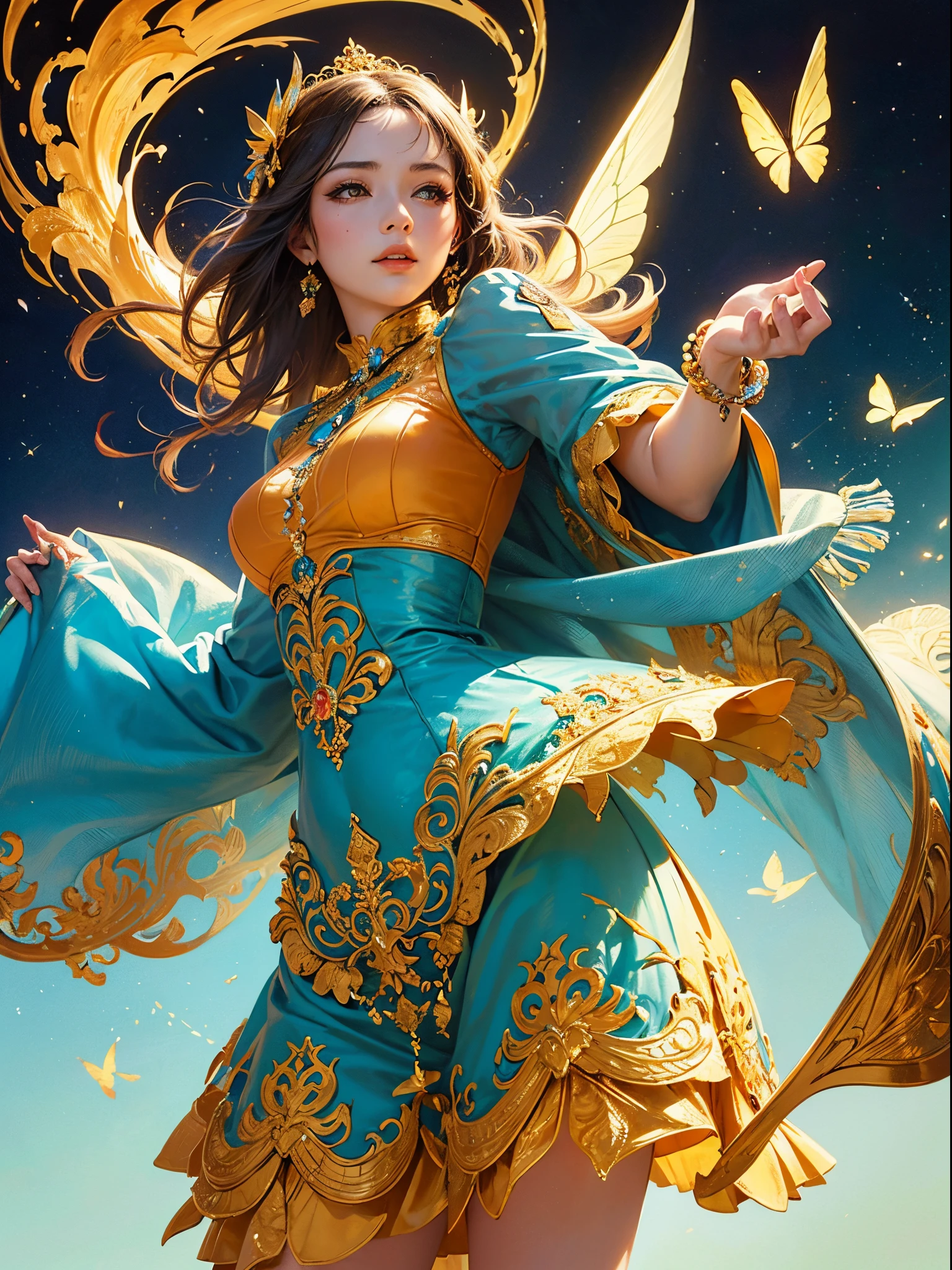 Butterfly motif、orange undertone、Vibrant colors、((masterpiece)))、(((top-quality)))、((ultra-detailliert))、(A hyper-realistic)、(highly detailed CGillustration)、Official art、Amsterdam at the beginning of the 20th century、Decadent、Madame Papillon、Cool Beauty、Masquerade、refinement、Elegance、Gorgeous、Colorful and detailed mask design、matchless beauty、Fans、gorgeous dress、jewely、Female Solo、Perfect Angle、perfect-composition