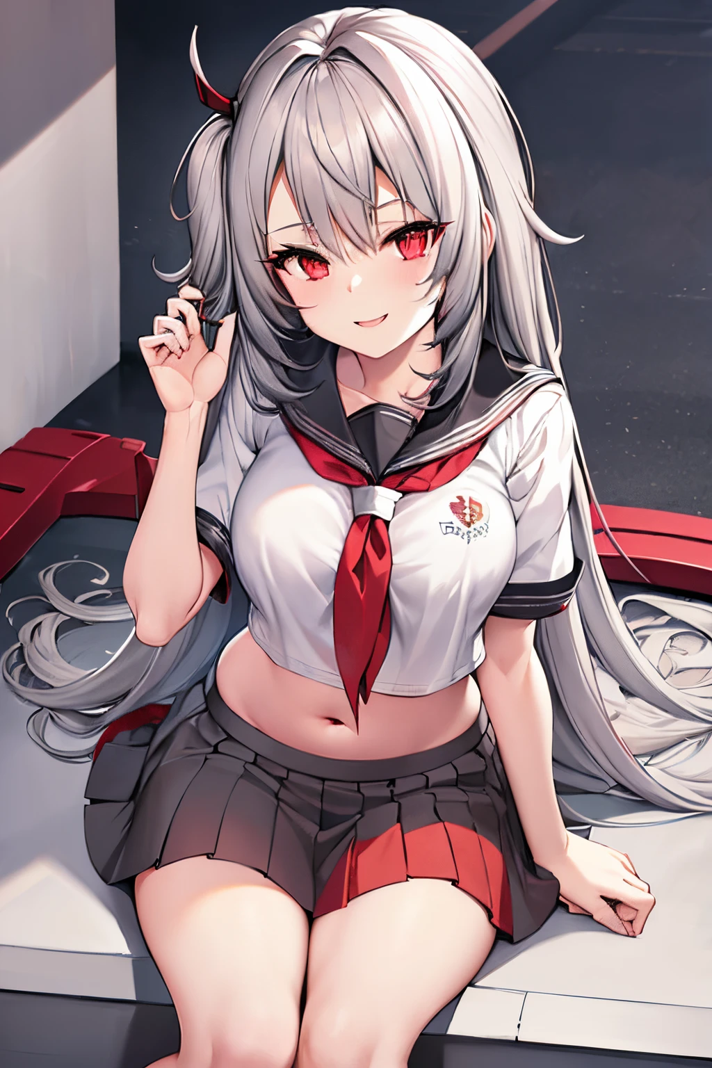 u-410_\(azur_lane\),grey hair,long hair, red eyes, school uniform,pleated skirt,  school rooftop,smile,   sitting, navel,, masterpiece, best quality, extremely detailed face, sharp details, high contrast,