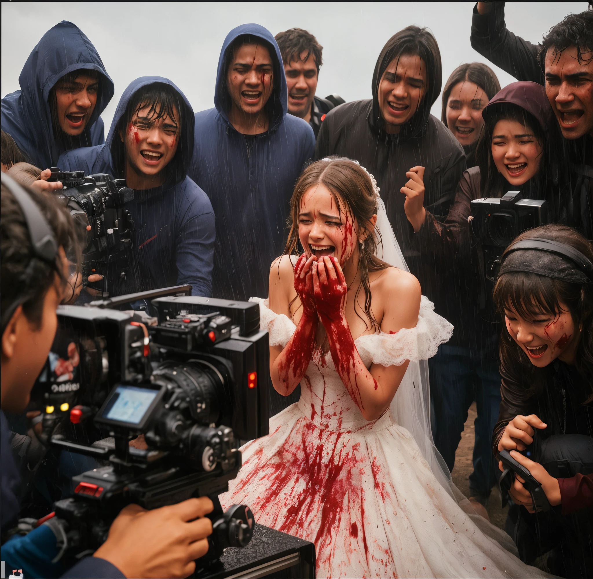 Filming scene for the movie Balato Photography. A girl surrounded by a camera crew. The director is on the camera. The girl is wearing a bridal dress stained with blood. The girl is crying and at the same time laughing. The rain is pouring down on everyone. Blood is on the ground.