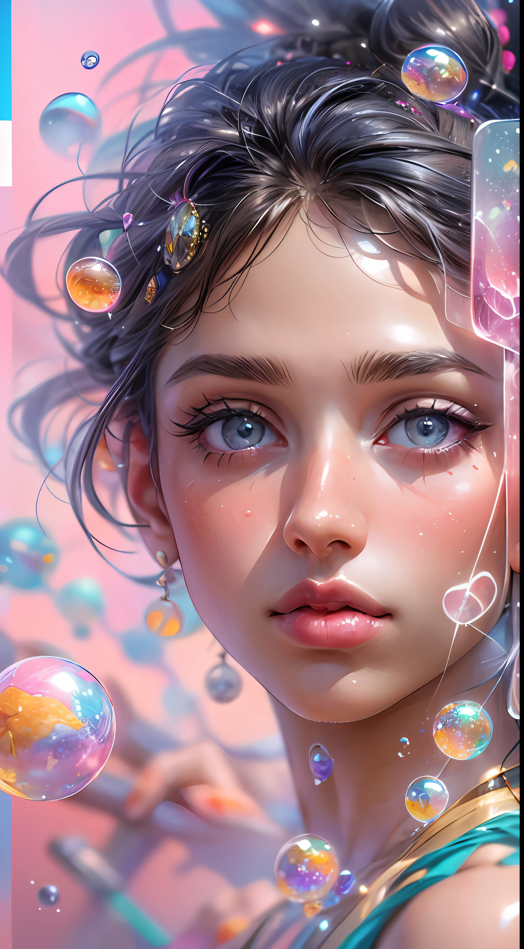 ((Obra maestra)). Esta obra de arte es dulce, dreamy and ethereal, con suaves tonos de acuarela rosa y acentos de caramelo. Generar un fae delicado y recatado explorando un (Mundo Bubblegum con una amplia variedad de tonos pastel). Her sweet face is extremely detailed and realistic with graceful features and a fierce expression.., y parece que ((((Naomi Scott)))). Includes mature and impressive features, Ojos altamente realistas. Sus ojos son importantes y deben ser realistas, Altamente detallado, y hermoso. In high definition and detail, Incluye muchos detalles como estrellas, Galaxias, burbujas de colores, colorful petals, and lots of energy and excitement! Las estrellas y las coloridas burbujas de chicle son importantes! Includes fantasy details, Detalles mejorados, Iridiscencia, Viento colorido y brillante, y polen. Pay special attention to your face and make sure it is beautifully detailed and realistically.. The image must be dreamy and ethereal.8k, intrincado, elegante, Altamente detallado, majestuoso, digital photography