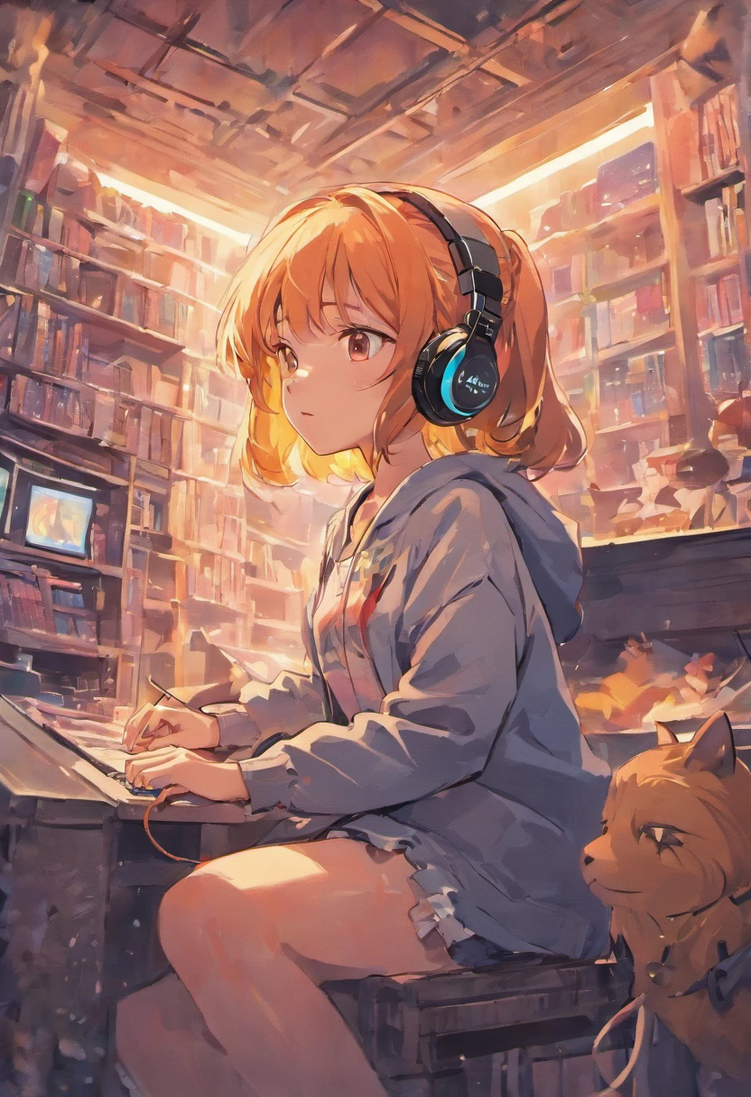 Books surround little girl wearing headphones,listen to stories