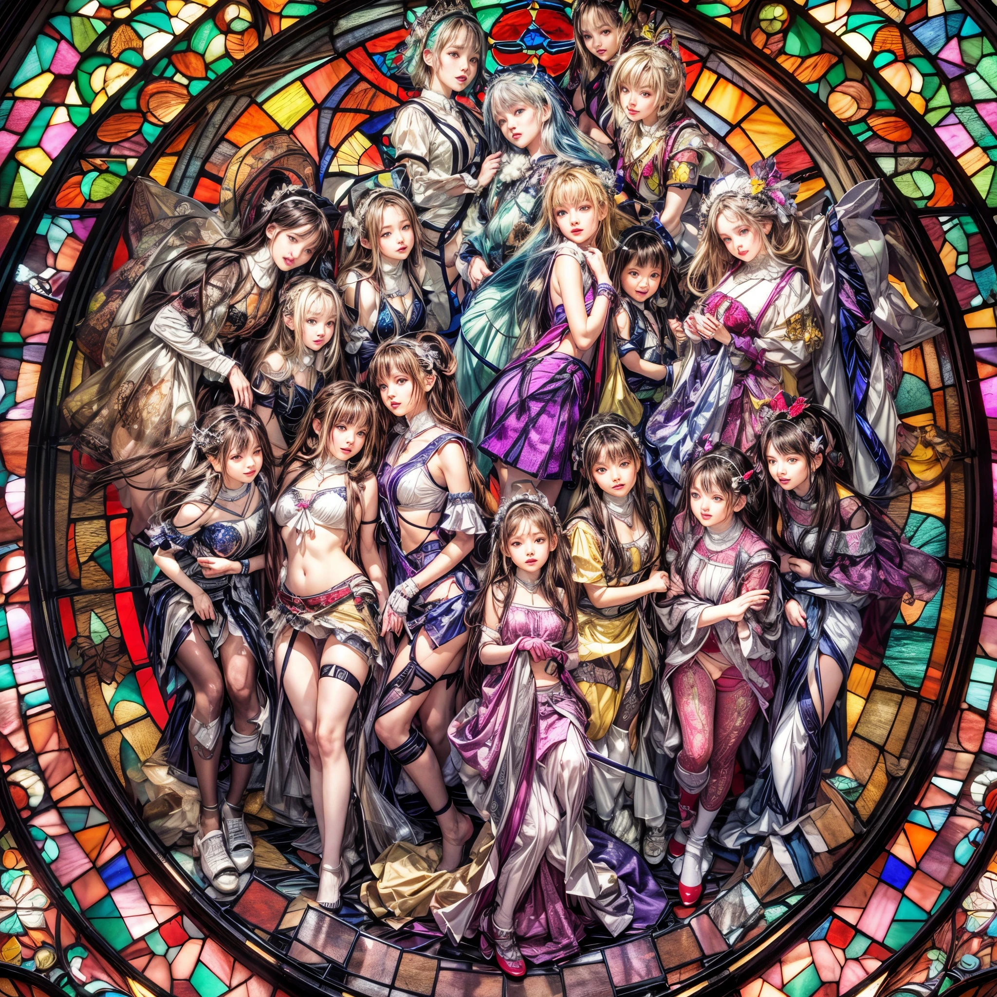 (stained glass Background, Masterpiece, White and vivid colors, (Exposed:1.2), (nipple:-0.9)), (9 sexy junior idols in row), ((face variations, Hair variations)), { Navel | Ass }, portrayed in the best quality and high resolution. The image should be ultra-detailed, realistic, and photorealistic with a touch of rawness. concept art. The color tone should be vibrant and vivid, enhancing the overall visual impact. (Whole Body proportions and all limbs are anatomically accurate), (Vivid Colorful light shines through the delicate stained glass).