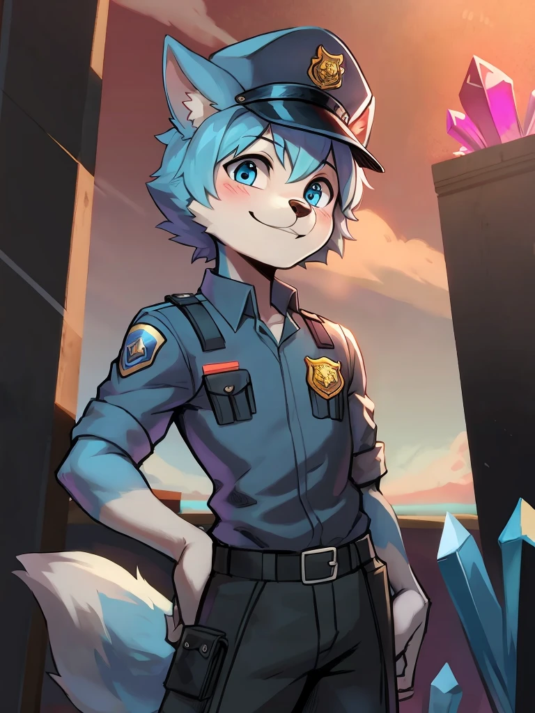 Furry,dog boy,blue fur,crystal blue eyes,Single fluffy tail,short detailed hair, police uniform and hat, male, short, smiling