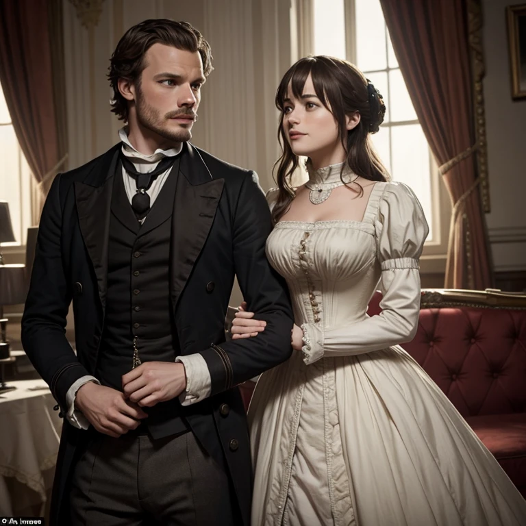 A romantic couple with their mouths joined, Jamie Dorman y Dakota Johnson , Parte superior del cuerpo, British Regency in 19th century Victorian period attire