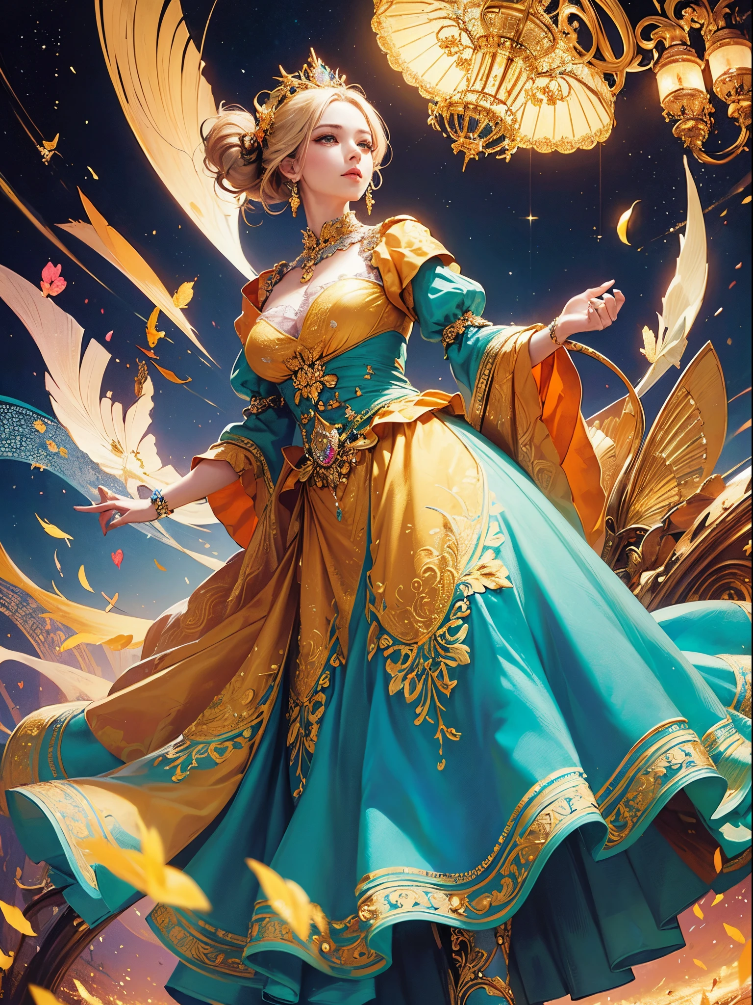 Butterfly motif、orange undertone、Vibrant colors、((masterpiece)))、(((top-quality)))、((ultra-detailliert))、(A hyper-realistic)、(highly detailed CGillustration)、Official art、Vienna at the beginning of the 20th century、Decadent、Madame Papillon、Cool Beauty、Masquerade、refinement、Elegance、Gorgeous、Colorful and detailed mask design、matchless beauty、Fans、gorgeous dress、jewely、Female Solo、Perfect Angle、perfect-composition