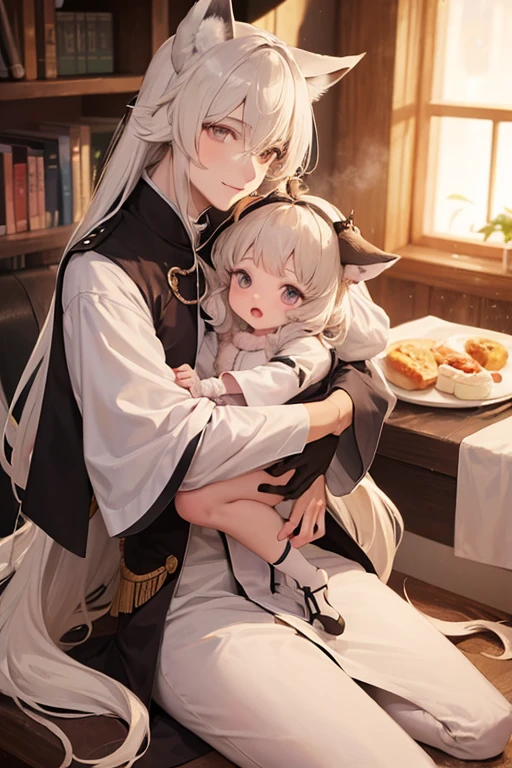 Male, fox ears and tail, long hair, with a baby in his arms, robes, tall, soft expression, looking to the side