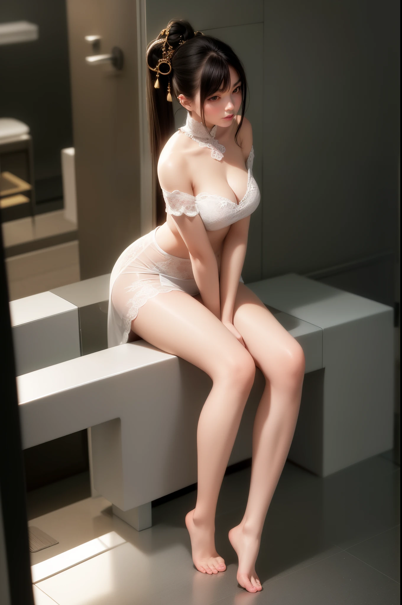 Close-up of a woman sitting on the bathroom counter, Sexy girl, sitting on her bed, gorgeous chinese models, sit on a bed, Sitting on the bedside, Very seductive pose, asiagirl, model in Japan, pale milky white porcelain skin, Very beautiful model, full body xianxia, sit on a bed, a sexy pose