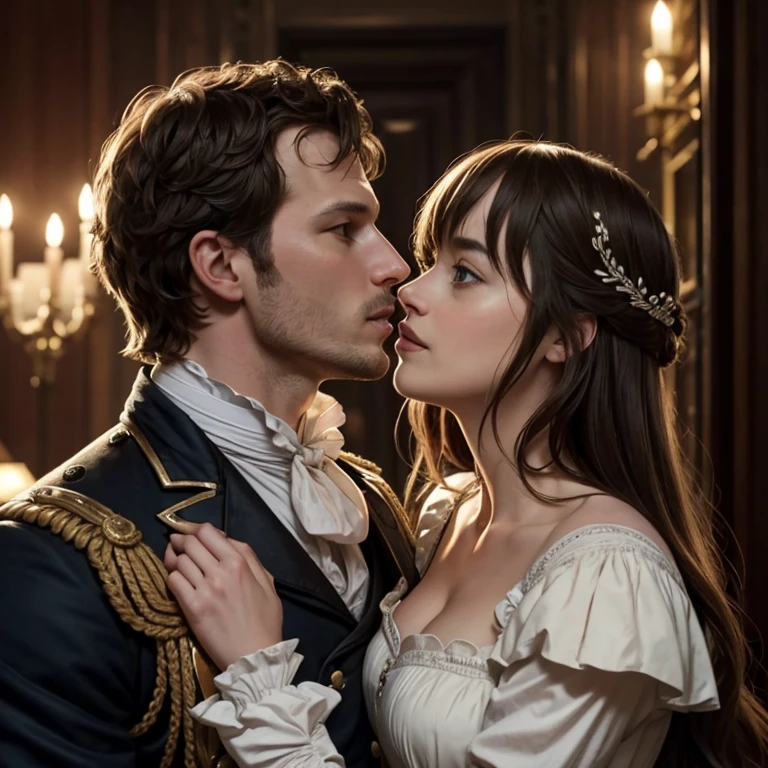 one kissing , Jamie Dorman y Dakota Johnson , Parte superior del cuerpo, British Regency in 19th century Victorian period attire