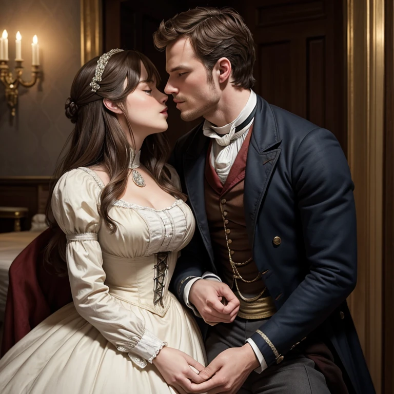 one kissing , Jamie Dorman y Dakota Johnson , Parte superior del cuerpo, British Regency in 19th century Victorian period attire