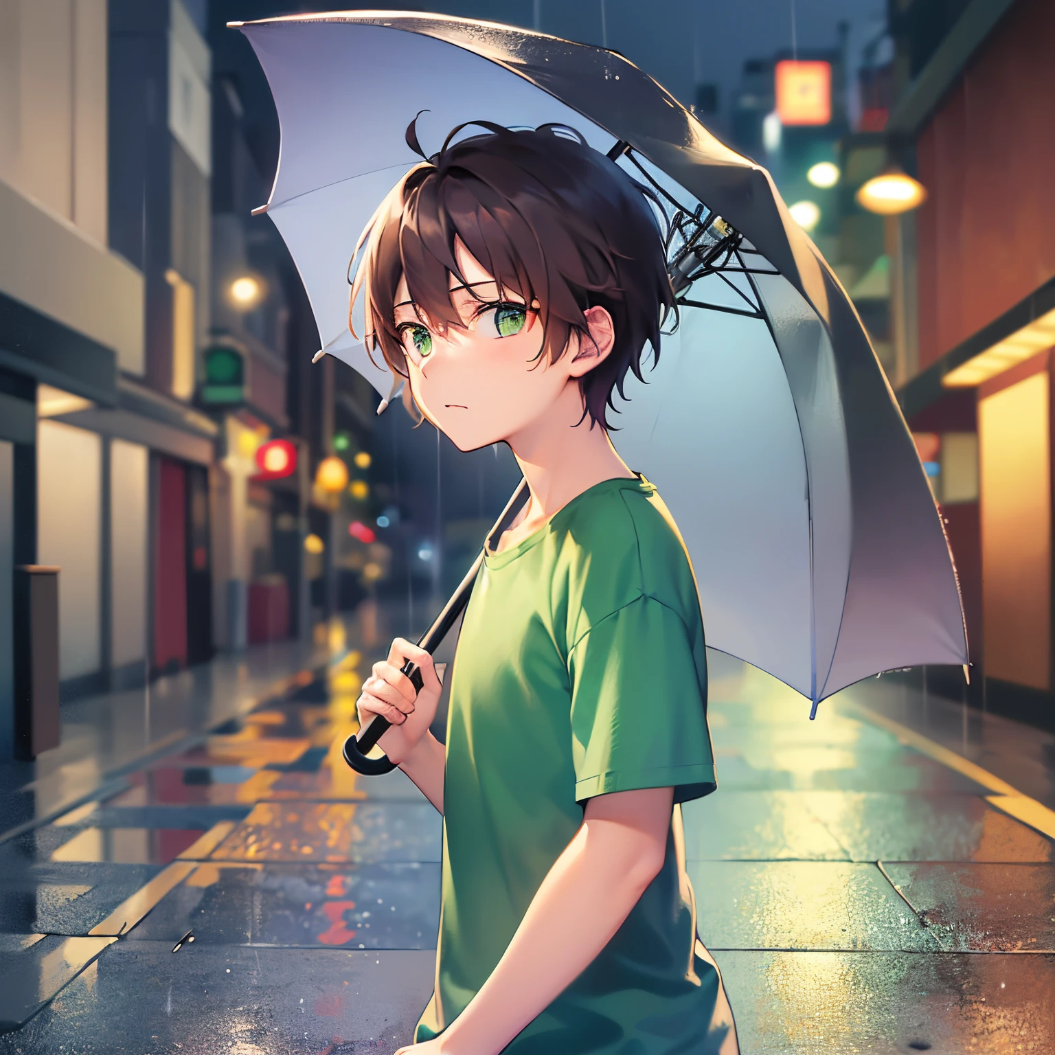 (night:1.2), holding an umbrella, rain, masterpiece、hightquality、18 year old male with short brown hair and green eyes、Wearing a green T-shirt、(Alone:1.5)、(A slightly surprised look:1.1)、(Only the upper body is shown.:1.3)、Residential area at night、Walking、Bold composition、