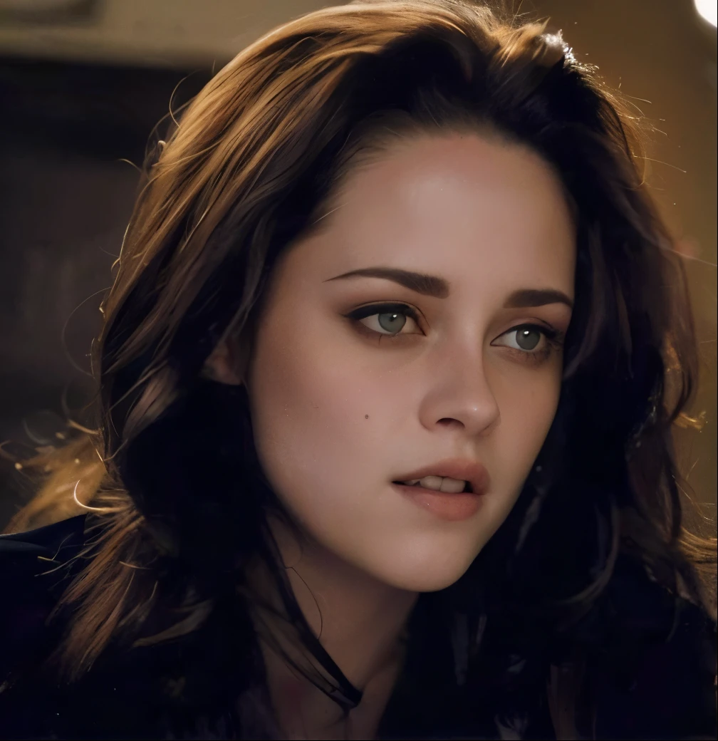 um close up de uma mulher com cabelos longos e uma jaqueta preta, Kristen Stewart, mas um olhar severo sobre ela, hot, & her expression is solemn, Emma, Twilight, com um sorriso derramando, Fumegante, fumegante intenso, her gaze is downcast, bonito, ela tem olhos brancos!!!, Selina, Edward, Lianna, Pisca-pisca
