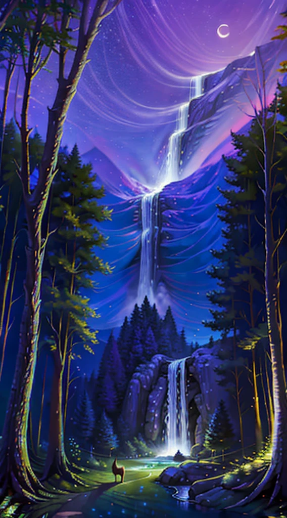 masterpiece, best quality, high quality, cg, 8k, scenery, night, sky, clouds, no man ,lush forest, beautiful waterfall, rainbow, fantasy image, firefly, moonlight, aurora, tree, black snake on tree, apple herd, moose, albino deer, white rabbit,