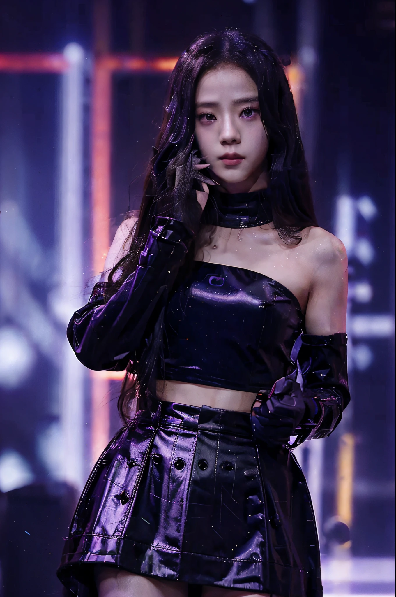 Jisoo of BlackPink, is striking a fun pose for fans. She is on a spaceship with lots of blinking lights and control panels nearby.. Jisoo is in Star Wars themed costumes. Show her entire body