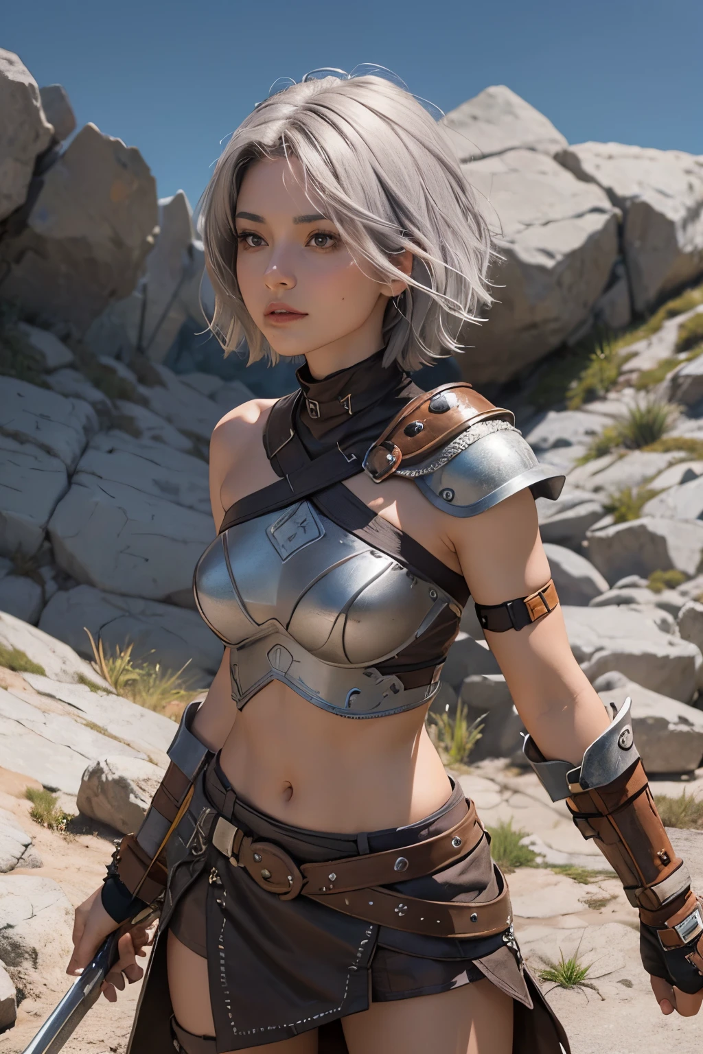 Female warrior,grey hair,short hair,brown eye,strapless top brown,grey rock armor,brown rock shoulder,brown rock wristband