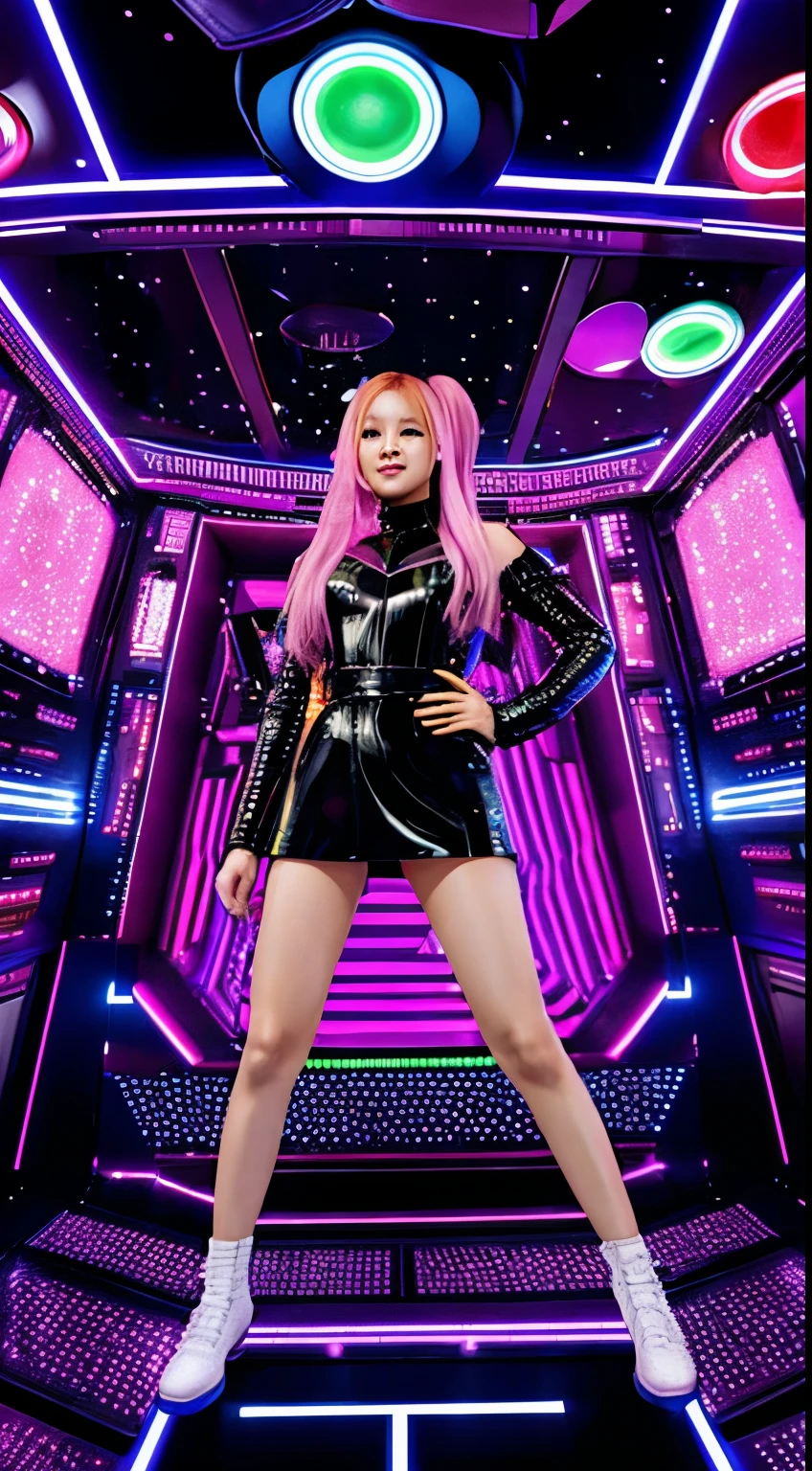 roselorashyof BlackPink, is striking a fun pose for fans. She is on a spaceship with lots of blinking lights and control panels nearby.. roselorashy is in Star Wars themed costumes. Show her entire body