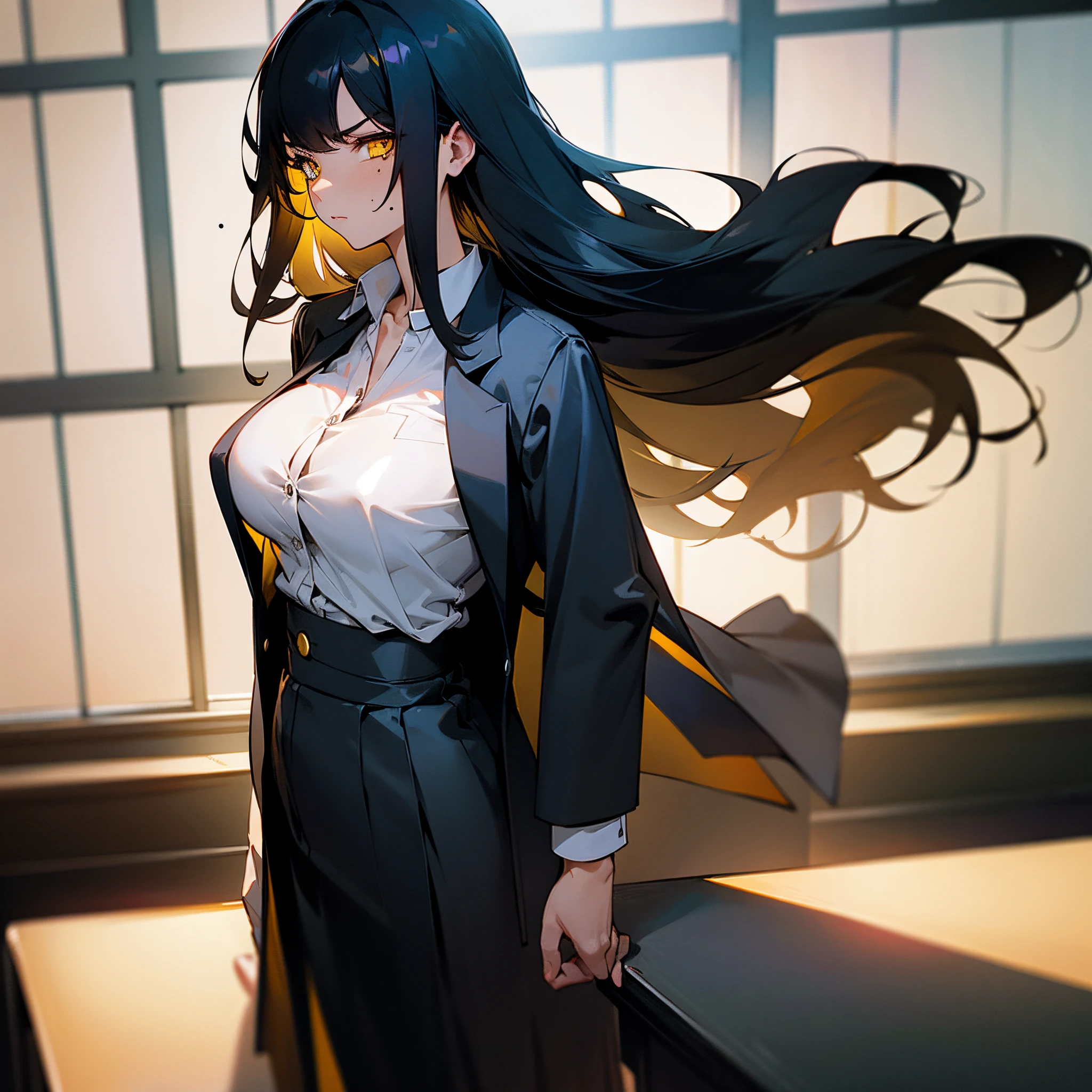 1female, adult, big breast, long black hair, finely detailed yellow eyes, mole on cheek, suit jacket, button down shirt underneath, long fitted skirt, standing in classroom, best lighting and shadows, serious expression, teacher